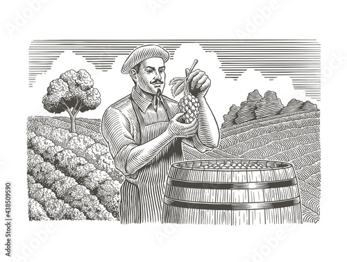 Winemaker holding grapes. Wooden barrel, vineyard landscape. Traditional Wine Making Industry. Engraving style vector illustration.