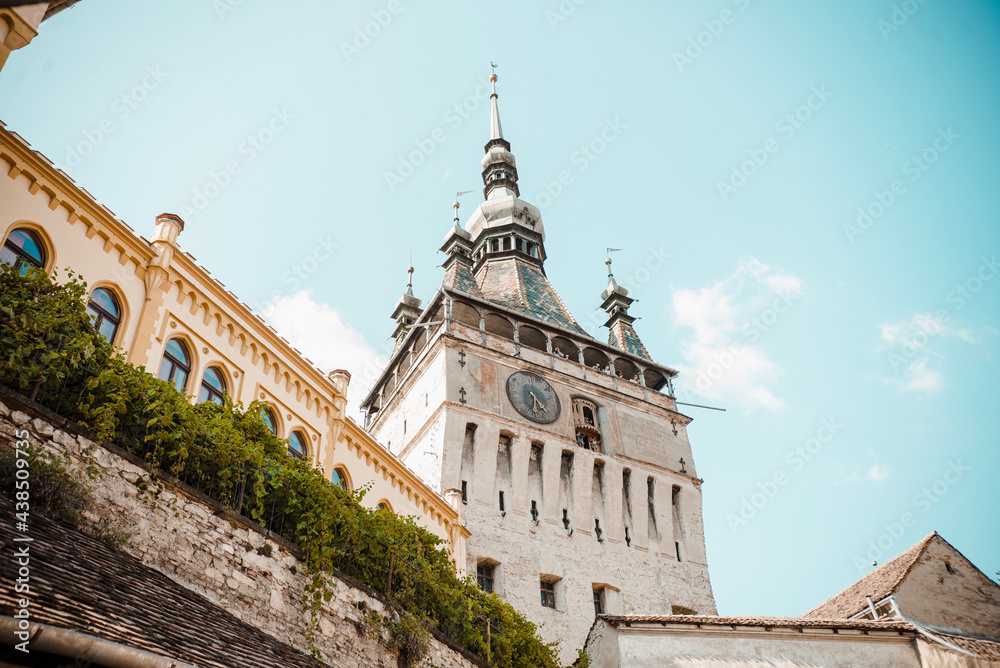 Clock tower in Sighisoara popular tourist destination famous medieval town in Transylvania Romania