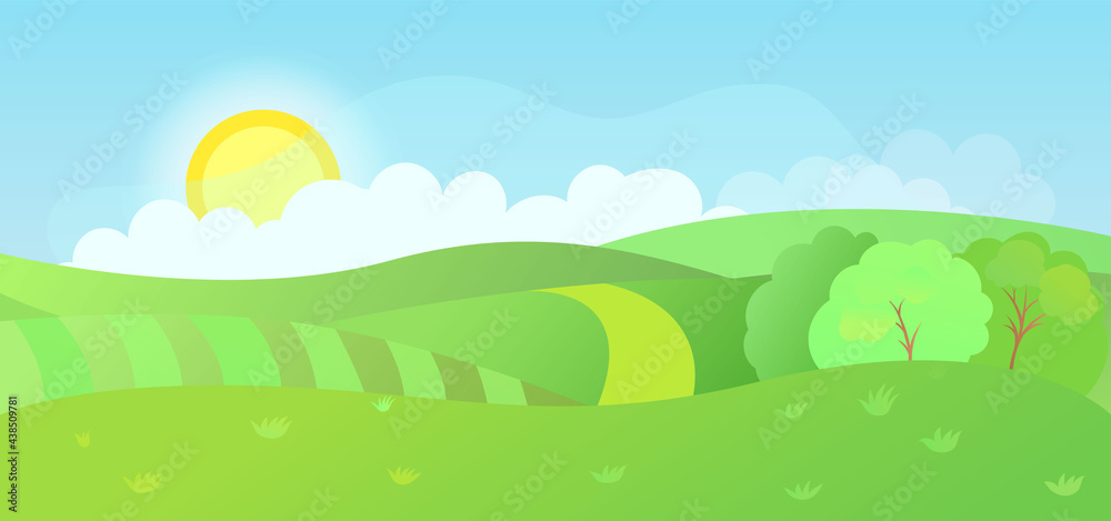 Farm field landscape with beautiful summer sun and sky. Cartoon meadow with bushes and grass. Outdoor scene. Vector illustration.