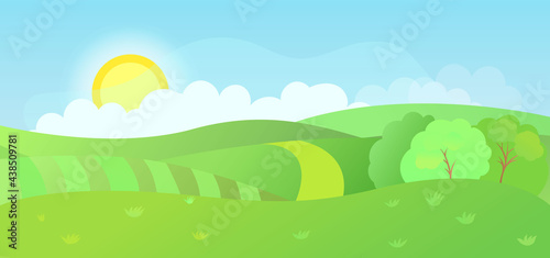 Farm field landscape with beautiful summer sun and sky. Cartoon meadow with bushes and grass. Outdoor scene. Vector illustration.