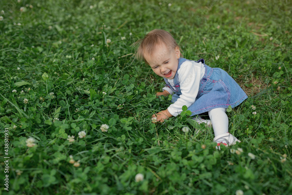 The child has fallen and is lying in a clover field, laughing loudly with his mouth open and his eyes closed . A lovely little girl. The child has fallen and is lying in a clover field, laughing loudly with his mouth open and his eyes closed . A lovely little girl.