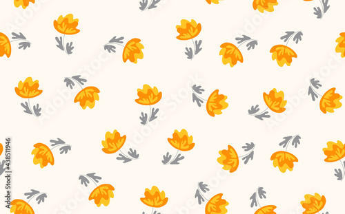 Seamless floral pattern based on traditional folk art ornaments. Colorful flowers on light background. Scandinavian style. Sweden nordic style. Vector illustration. Simple minimalistic pattern