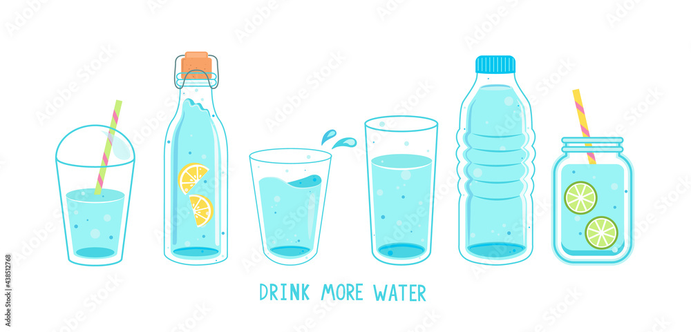 Set of clean and fresh water in bottles and glasses. Full glass, plastic takeaway cup, bottle with lemon, detox with lime, text. Hand drawn cute vector illustration. H2O for health.Drink more water. Set of clean and fresh water in bottles and glasses. Full glass, plastic takeaway cup, bottle with lemon, detox with lime, text. Hand drawn cute vector illustration. H2O for health.Drink more water.