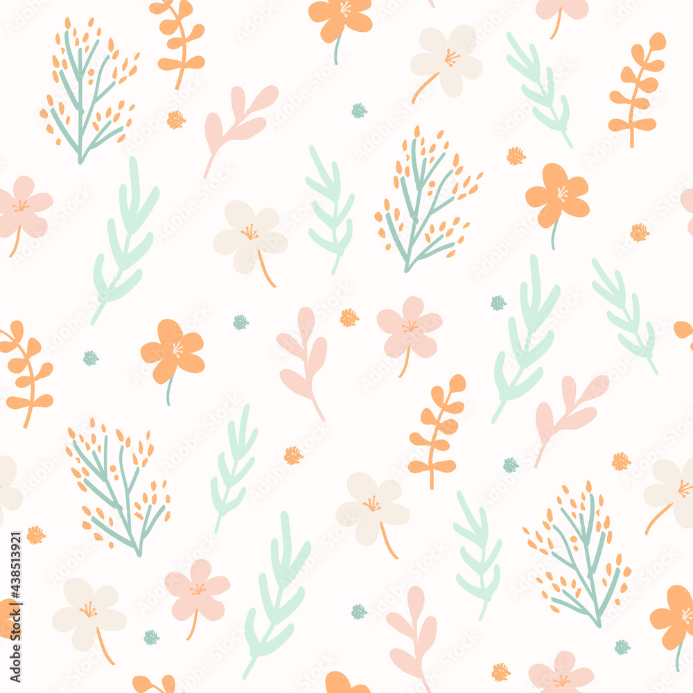 Floral pattern of small plants and flowers on white background. Endless Background. Perfect for cotton fabric, background, wallpaper. Floral pattern of small plants and flowers on white background. Endless Background. Perfect for cotton fabric, background, wallpaper.