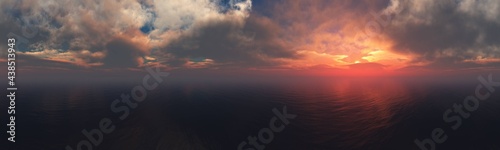 Sea sunset panorama  ocean sunrise  the sun among the clouds above the water  3D rendering