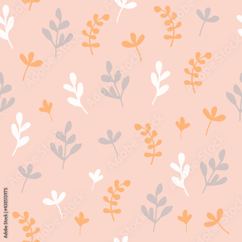Seamless floral pattern. Small branches and leaves on pink background. Stock vector for printing on surfaces and web design. Scandinavian style print.