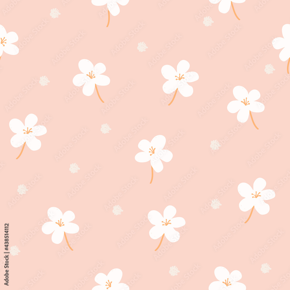 Delicate floral background. Small white flowers and dots on a pink background. Wallpaper, furniture fabric, textile
