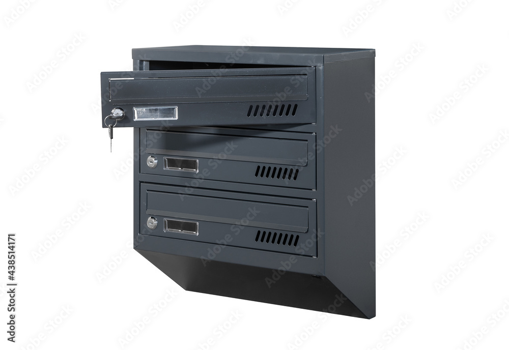 Deep blue or gray mailboxes on the white background isolated. Mail box for entrance of apartment house. Metal mailbox Deep blue or gray mailboxes on the white background isolated. Mail box for entrance of apartment house. Metal mailbox