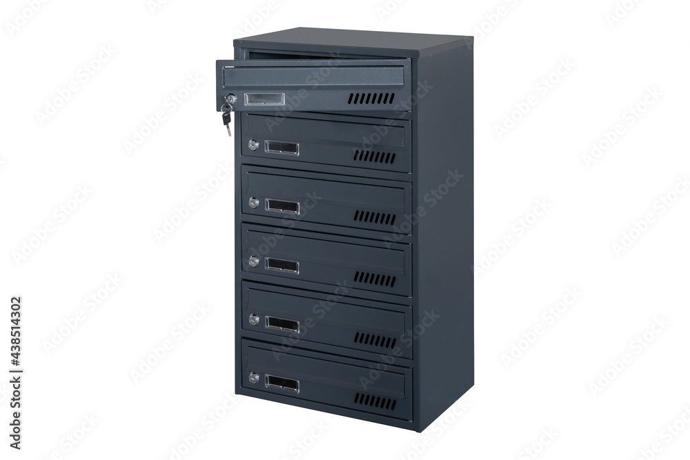 Deep blue or gray mailboxes on the white background isolated. Mail box for entrance of apartment house. Metal mailbox Deep blue or gray mailboxes on the white background isolated. Mail box for entrance of apartment house. Metal mailbox