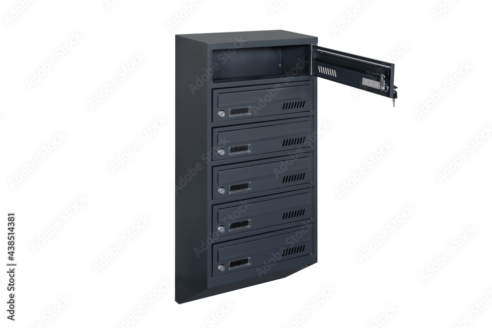 Deep blue or gray mailboxes on the white background isolated. Mail box for entrance of apartment house. Metal mailbox Deep blue or gray mailboxes on the white background isolated. Mail box for entrance of apartment house. Metal mailbox