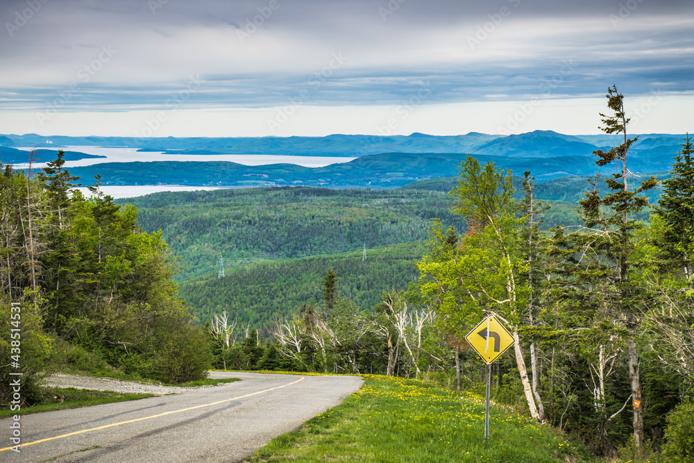 Obraz premium View on the Chaleurs Bay in Gaspesie (Quebec. Canada) from the road leading to the top of Mount St Joseph