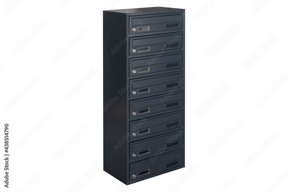 Deep blue or gray mailboxes on the white background isolated. Mail box for entrance of apartment house. Metal mailbox Deep blue or gray mailboxes on the white background isolated. Mail box for entrance of apartment house. Metal mailbox