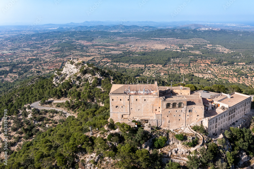 Aerial view of Santuari de Sant Salvador monastery, Puig de Sant Salvador, near Felanitx, Migjorn region, aerial view, Mallorca, Balearic Islands, Spain