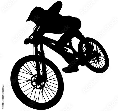 MTB downhill, enduro cross mountain biker doing an extreme jump on a mountain bike. MTB dh downhill mountain bike with helmet and protectors safety equipment. Vector illustration realistic silhouette