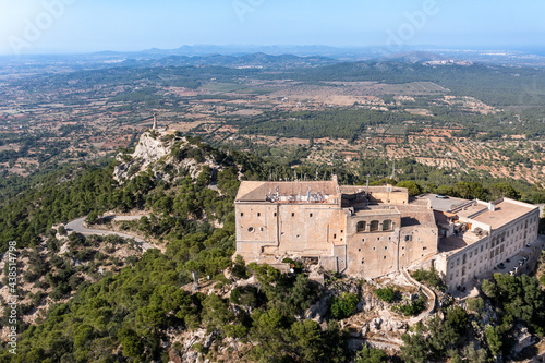 Aerial view of Santuari de Sant Salvador monastery, Puig de Sant Salvador, near Felanitx, Migjorn region, aerial view, Mallorca, Balearic Islands, Spain photo