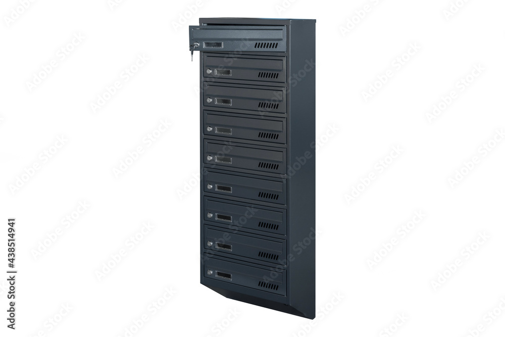 Deep blue or gray mailboxes on the white background isolated. Mail box for entrance of apartment house. Metal mailbox Deep blue or gray mailboxes on the white background isolated. Mail box for entrance of apartment house. Metal mailbox