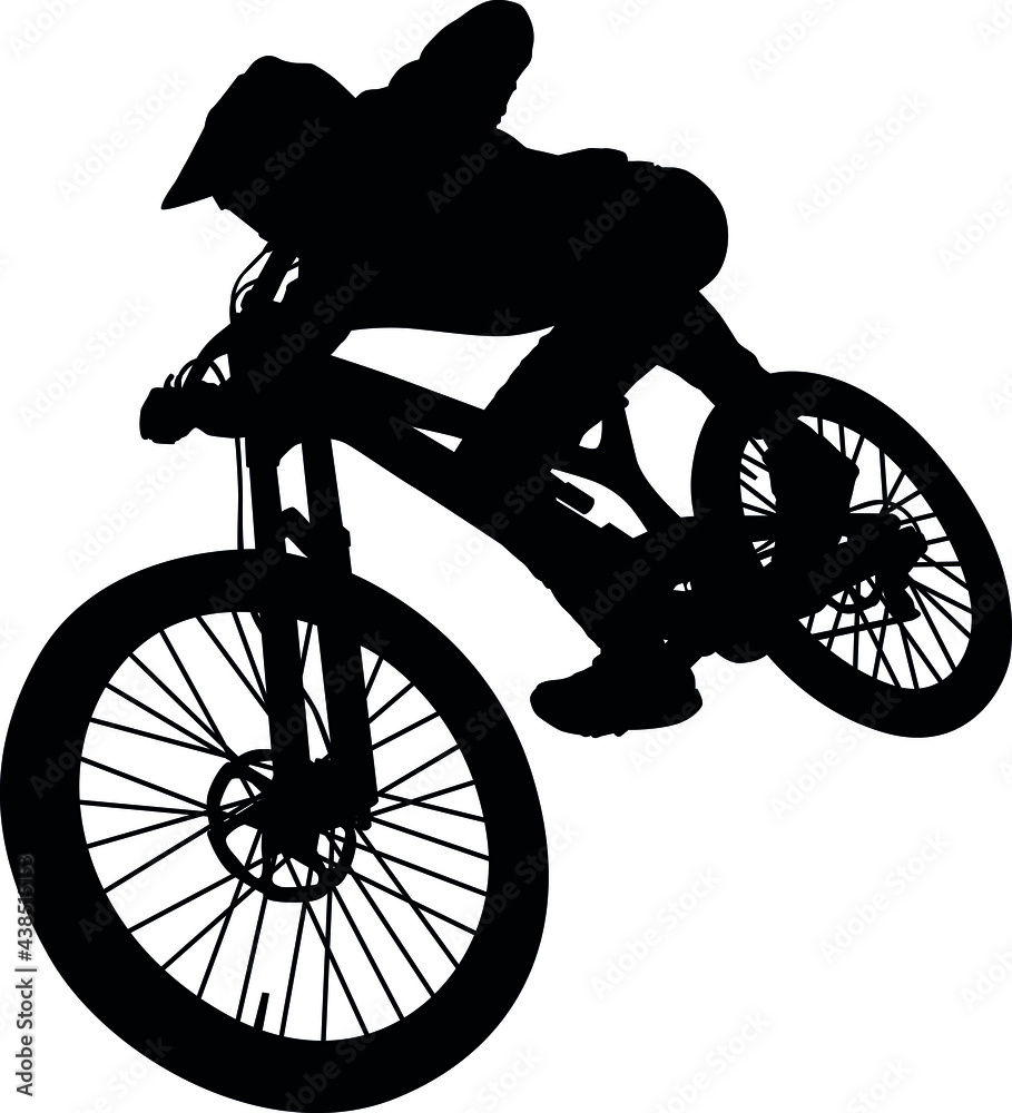 MTB downhill, enduro cross mountain biker doing an extreme jump on a mountain  bike. MTB dh downhill mountain bike with helmet and protectors safety  equipment. Vector illustration realistic silhouette Stock Vector
