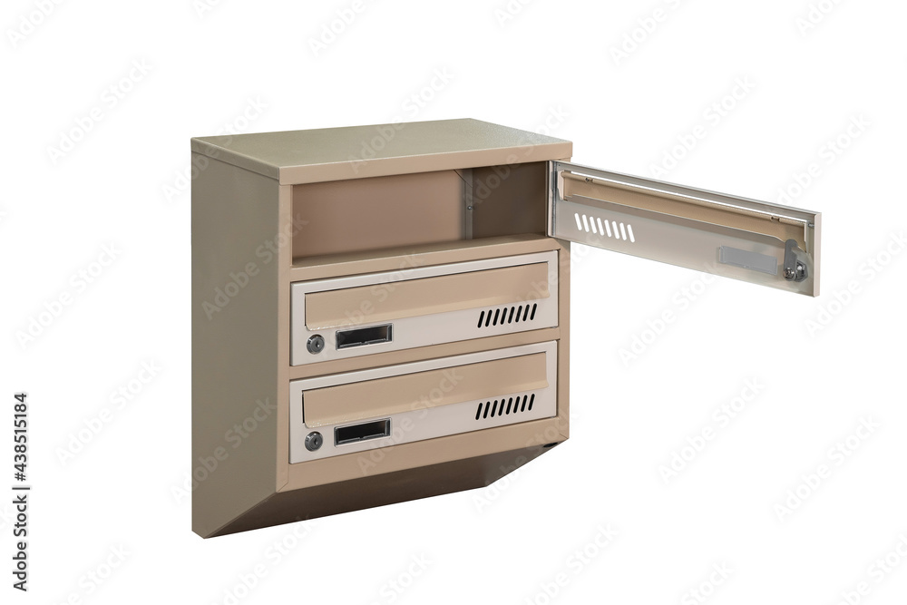 Beige ecru khaki color mailboxes on the white background isolated. Mail box for entrance of apartment house. Metal mailbox Beige ecru khaki color mailboxes on the white background isolated. Mail box for entrance of apartment house. Metal mailbox