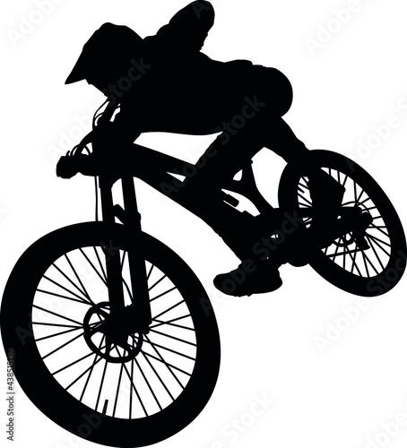 MTB downhill, enduro cross mountain biker doing an extreme jump on a mountain bike. MTB dh downhill mountain bike with helmet and protectors safety equipment. Vector illustration realistic silhouette