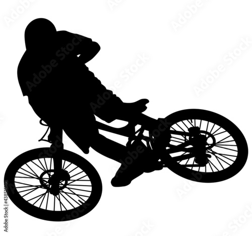 MTB downhill, enduro cross mountain biker doing an extreme jump on a mountain bike. MTB dh downhill mountain bike with helmet and protectors safety equipment. Vector illustration realistic silhouette