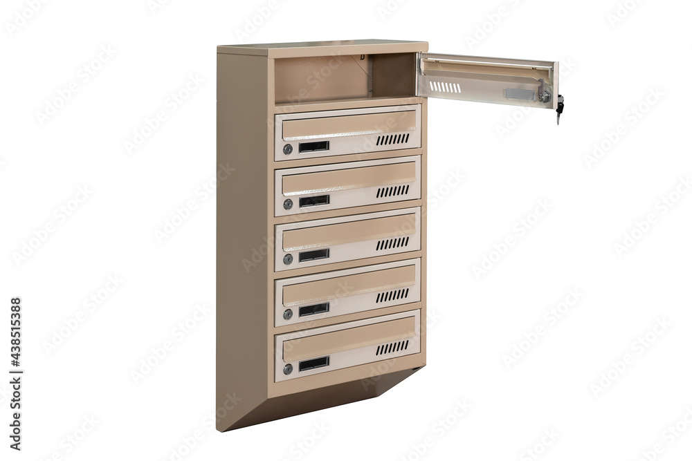 Beige ecru khaki color mailboxes on the white background isolated. Mail box for entrance of apartment house. Metal mailbox Beige ecru khaki color mailboxes on the white background isolated. Mail box for entrance of apartment house. Metal mailbox