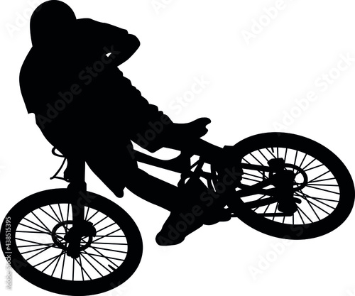 MTB downhill, enduro cross mountain biker doing an extreme jump on a mountain bike. MTB dh downhill mountain bike with helmet and protectors safety equipment. Vector illustration realistic silhouette