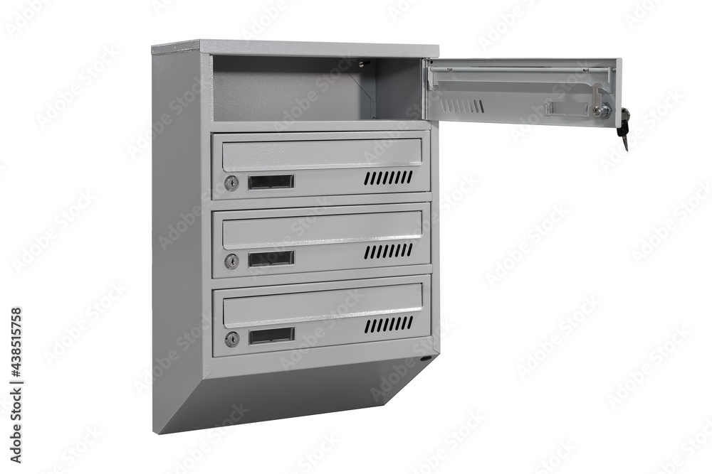 Gray mailboxes on the white background isolated. Mail box for entrance of apartment house. Metal mailbox Gray mailboxes on the white background isolated. Mail box for entrance of apartment house. Metal mailbox