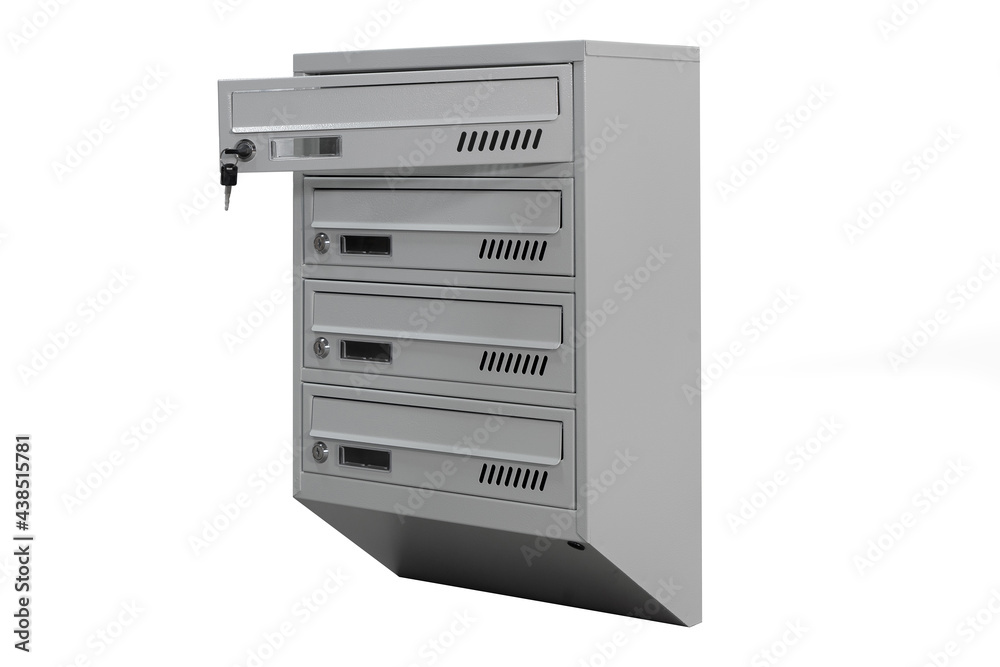 Gray mailboxes on the white background isolated. Mail box for entrance of apartment house. Metal mailbox Gray mailboxes on the white background isolated. Mail box for entrance of apartment house. Metal mailbox