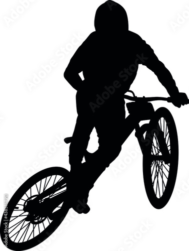 MTB downhill, enduro cross mountain biker doing an extreme jump on a mountain bike. MTB dh downhill mountain bike with helmet and protectors safety equipment. Vector illustration realistic silhouette