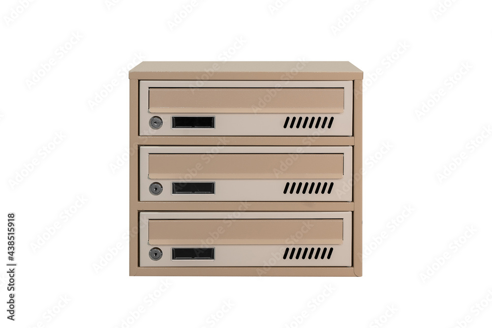 Beige ecru khaki color mailboxes on the white background isolated. Mail box for entrance of apartment house. Metal mailbox Beige ecru khaki color mailboxes on the white background isolated. Mail box for entrance of apartment house. Metal mailbox