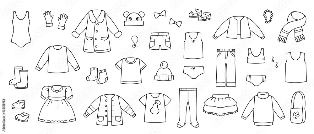 Collection of baby clothes vector. Coloring book wardrobe items set. Baby clothes black and white. Isolated clipart dress accessories and pants Stock Vector Adobe Stock