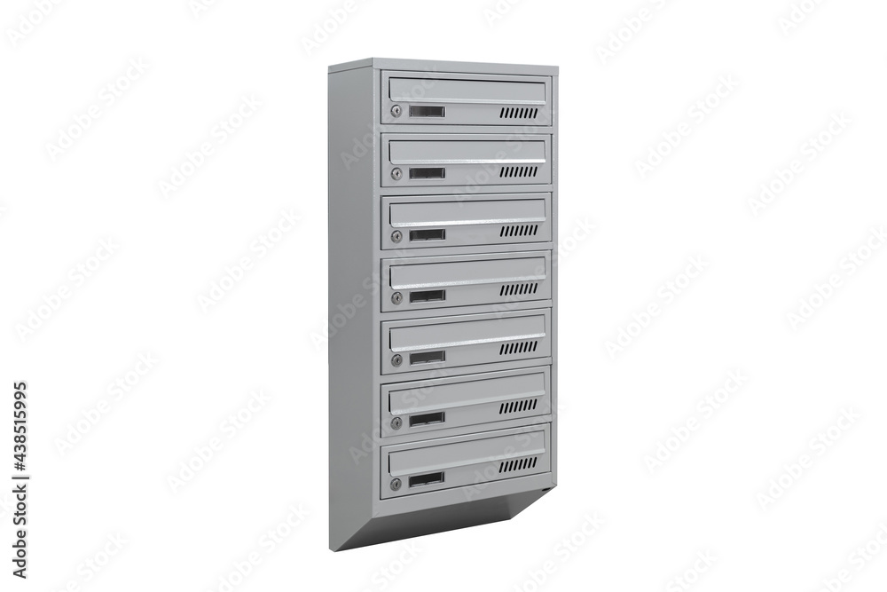 Gray mailboxes on the white background isolated. Mail box for entrance of apartment house. Metal mailbox Gray mailboxes on the white background isolated. Mail box for entrance of apartment house. Metal mailbox