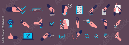 Icons. Check, Testing, Examination. Simple vector flat illustration. Background for social media, poster, banner.