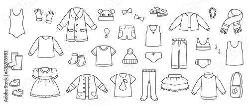 Collection of baby clothes vector. Coloring book wardrobe items set. Baby clothes black and white. Isolated clipart dress, accessories and pants