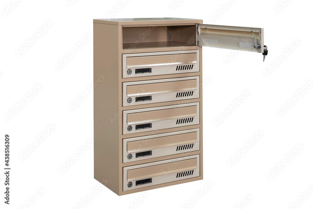 Beige ecru khaki color mailboxes on the white background isolated. Mail box for entrance of apartment house. Metal mailbox
