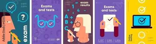 Exams and tests. Poster set. Simple vector flat illustration. Background for social media, banner.