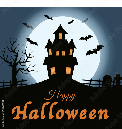 Dark castle on blue Moon background. A scary village with gloomy house and an abandoned cemetery.