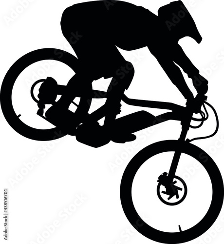 MTB downhill, enduro cross mountain biker doing an extreme jump on a mountain bike. MTB dh downhill mountain bike with helmet and protectors safety equipment. Vector illustration realistic silhouette
