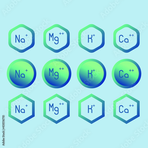 Set of ion and electrolyte modern icons - Calcium, Sodium, Magnesium, Potassium symbols for Mineral product, diatary supplement, mineralized water, health care and education