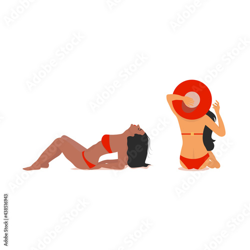 Girls on a white background. Two girls, dark-skinned and light-skinned, relaxing on the beach in a swimsuit.Summer illustration flat style