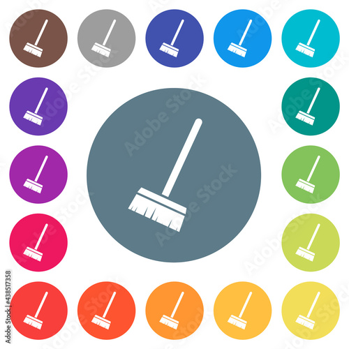 Household broom flat white icons on round color backgrounds