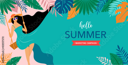 Summer scene, young woman sitting on swing on the beach, looking at the sea. Hello summer background and banner