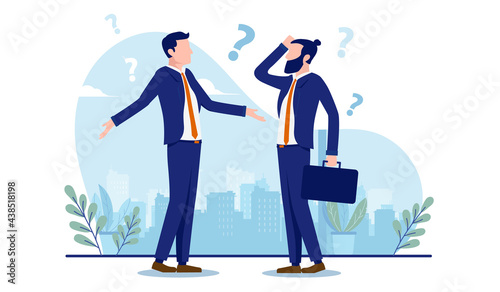 Confused businessmen - Two men with question marks. Business confusion concept. Vector illustration with white background.