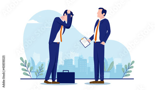 Negative performance review - Man receiving bad news from his boss, feeling bad and sad. Vector illustration with white background.