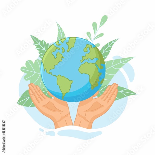 Save the planet. Hands holding globe, earth. Earth day concept. Vector illustration of icons about environmental protection and nature conservation.