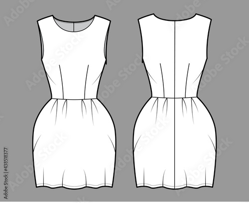 Dress bell technical fashion illustration with sleeveless, fitted body, mini length pencil skirt. Flat apparel front, back, white color style. Women, men unisex CAD mockup