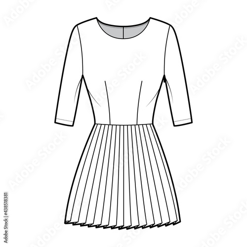 Dress pleated technical fashion illustration with elbow sleeves, fitted body, mini length skirt. Flat apparel front, white color style. Women, men unisex CAD mockup