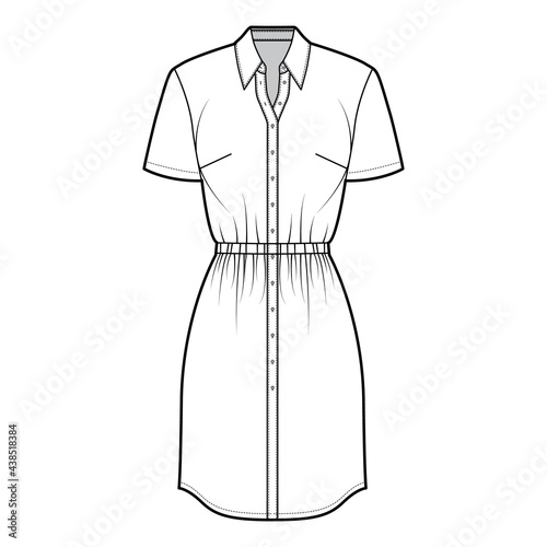 Dress shirt technical fashion illustration with gathered waist, short sleeves,, knee length pencil skirt, classic collar, button closure. Flat apparel front, white color. Women, men unisex CAD mockup