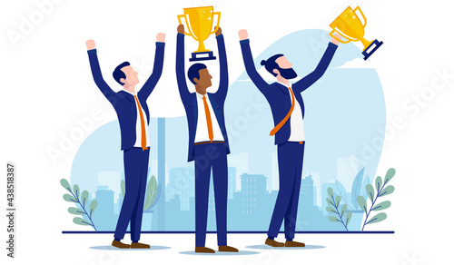 Diverse business team winning award - Group of businessmen standing with arms raised winning trophy and celebrating. Teamwork winners concept. Vector illustration with white background.