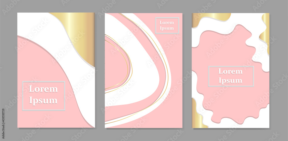 Set of minimalistic pink abstract backgrounds with white and golden elements.